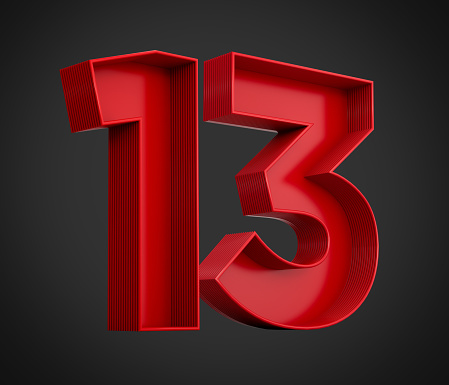 3d illustration of red number 13 or thirteen inner shadow