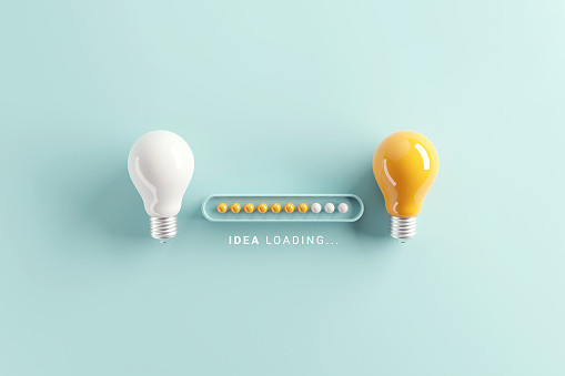 Loading bar almost complete with idea being processed on a light bulb on blue background. 3d render.