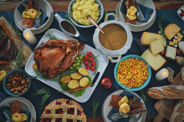 istock Stuffed Turkey for Thanksgiving Holidays with Pumpkin, Peas, Pecan, Berry Pie, Cheese Variations and Other Ingredient 1419661100