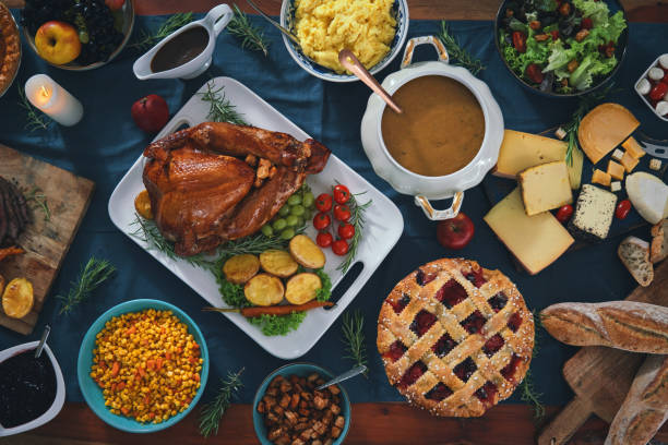 istock Stuffed Turkey for Thanksgiving Holidays with Pumpkin, Peas, Pecan, Berry Pie, Cheese Variations and Other Ingredient 1419661221