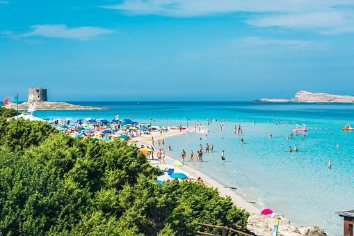 Stintino, Italy, 19 September 2020: The beautiful La Pelosa Beach in northern Sardinia