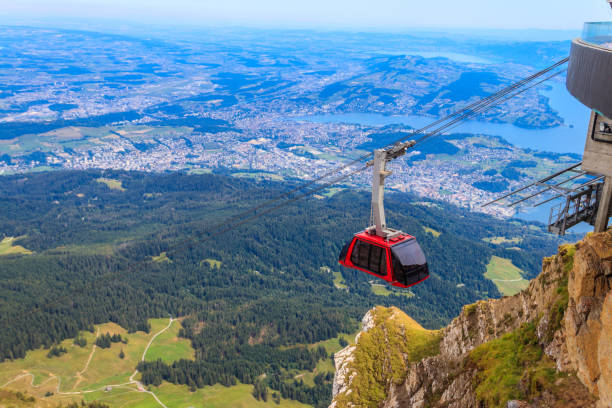 Overhead cable car to the top of Mount Pilatus in Canton Lucerne, Switzerland stock photo