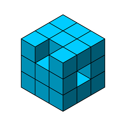 Geometric object made of boxes with two elements detached. Logic puzzle game. Problem solving concept. Reaching goal idea Vector illustration, clip art.