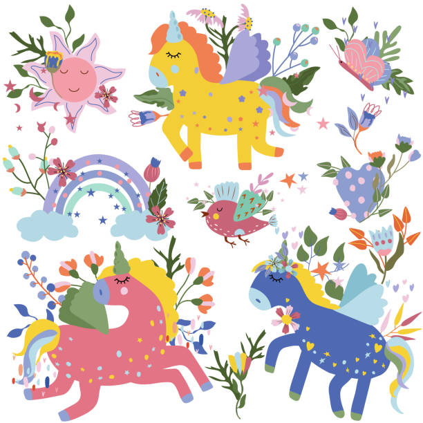 꽃과 잎, 만화 태양, 무지개 및 기타와 귀여운 다채로운 유니콘. 다른 포즈의 마법의 말. 요정 구성은 인사말 카드, 엽서, 배너에 적합합니다. 벡터. - unicorn horse magic fairy tale stock illustrations