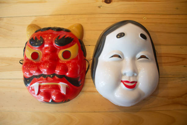 istock Red Japanese demon and white demon man mask , 1419665435
