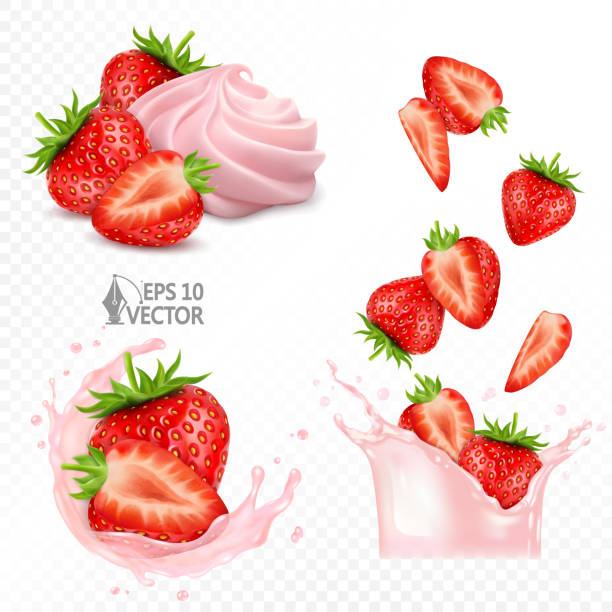 ilustraciones, imágenes clip art, dibujos animados e iconos de stock de conjunto de fresas maduras y jugosas. salpicaduras de leche y gotas de bayas rojas frescas que caen. postre de fresa con nata montada. ilustración vectorial realista en 3d - cream coloured illustrations