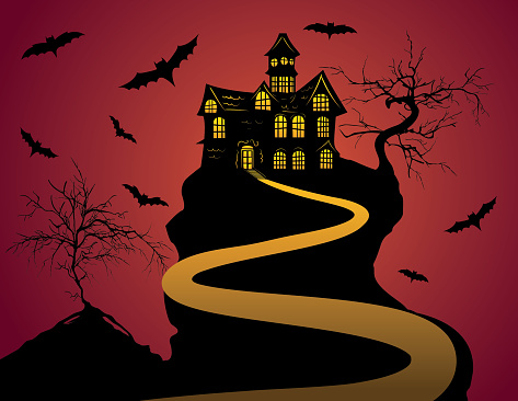 Halloween haunted house on a hill with copy space for your text