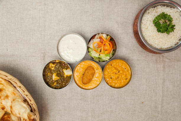 istock Vegetable thali with daal, palak paneer, raita, salad, curry, bread, roti and plain rice served in a dish isolated on table top view of indian spices food 1419666543