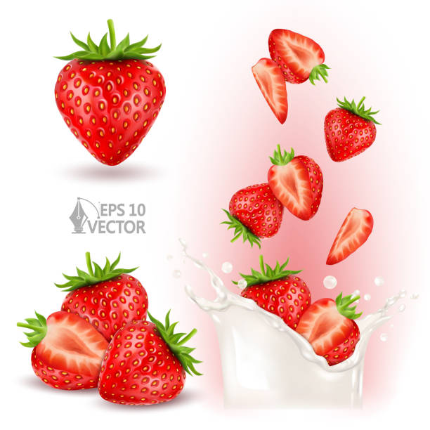 набор спелой красной клубники. сочные ягоды, попадающие в молоко или йогурт, разбрызгиваются. 3d реалистичная векторная иллюстрация, изолир� - strawberry stock illustrations