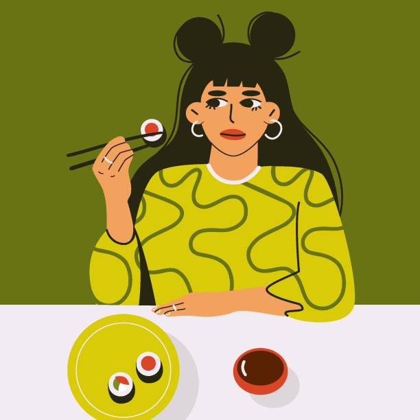 Woman eating sushi rolls. Japanese traditional food flat abstract style, cute girl girl enjoys asian food. Vector design Woman eating sushi rolls. Japanese traditional food flat abstract style, cute girl girl enjoys asian food. Vector design. cartoon of fish with lips stock illustrations