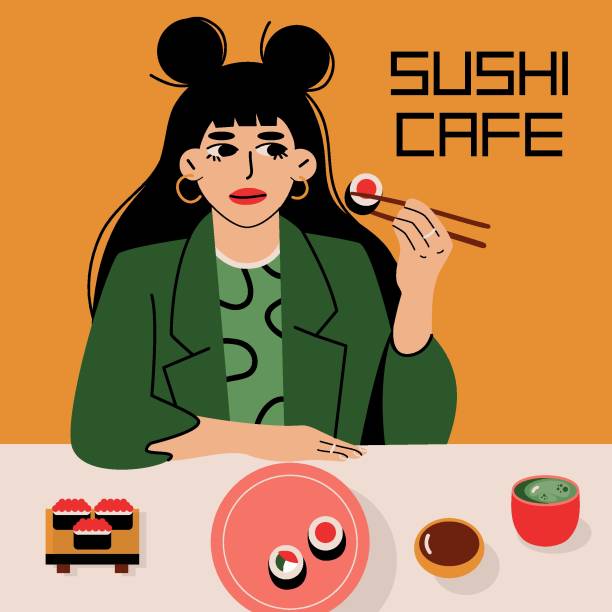 Woman eating sushi rolls. Japanese traditional food flat abstract style, hand drawn girl enjoys asian food. Vector art Woman eating sushi rolls. Japanese traditional food flat abstract style, hand drawn girl enjoys asian food. Vector art. cartoon of fish with lips stock illustrations
