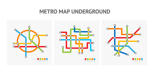 Underground Metro Map Tiny Icon Set. Vector illustration of Different Type Color Subway Transportation Scheme Icons