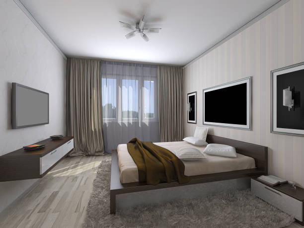 3d render of the master bedroom interior concept with built-in wardrobe. 3d illustration of a traditional master bedroom in light, soft colors