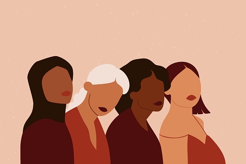 Women characters different ethnicities. Group of people together, female abstract silhouettes. Vector illustration.
