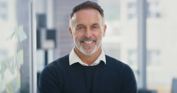 istock Post it, schedule or vision idea from businessman planning innovation strategy or future growth on sticky note. Motivation, portrait or happy mature office ceo, marketing leader or kpi data manager 1419670860
