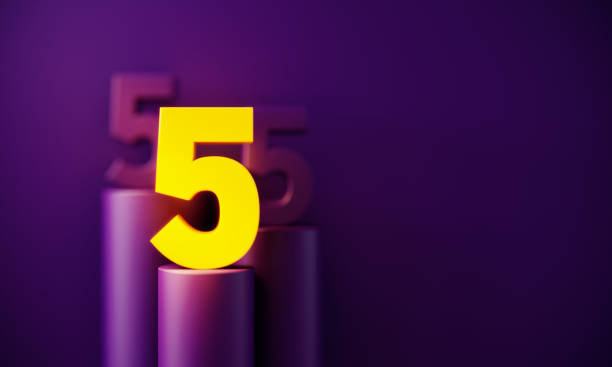 Yellow number five glowing before purple background. Horizontal composition with copy space. Standing out from the crowd concept.