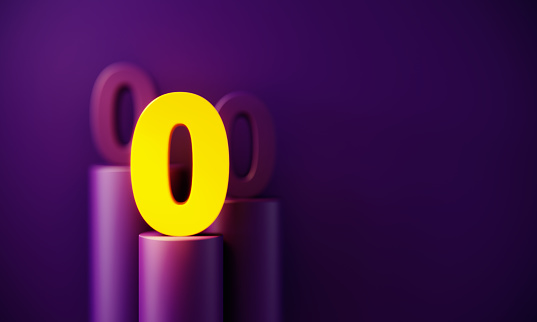 Yellow number zero glowing before purple background. Horizontal composition with copy space. Standing out from the crowd concept.