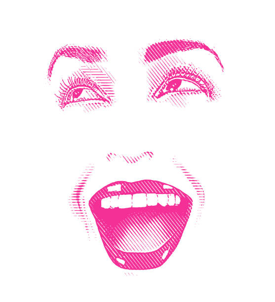 ilustrações de stock, clip art, desenhos animados e ícones de high key engraving of woman's eyes and lips, with happy expression - white background laughing beautiful women