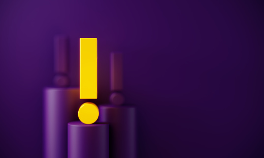 Yellow exclamation point glowing before purple background. Horizontal composition with copy space. Standing out from the crowd concept.