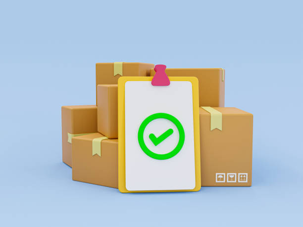 istock 3d cartoon products checking concept. Merchandise inspection. Cargo examination process. Clipboard with check mark leaning against stack of goods. 3d rendering illustration. 1419675335