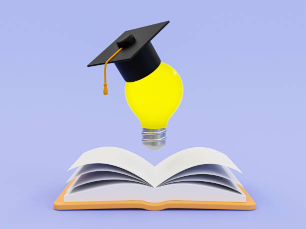 istock 3d cartoon graduation concept. Graduated with bachelors degree. Self-effort. Light bulb with graduation cap floating on top of a book. 3d rendering illustration. 1419675906