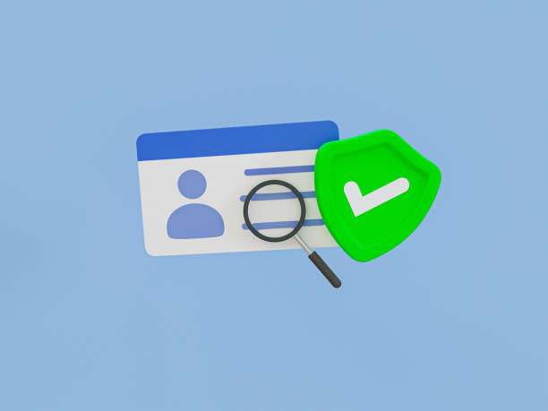 3d cartoon ID card verification. Unauthorized use. Authentication success. ID card with magnifying glass scanning and green shield with a check mark. 3d rendering illustration. verificación de la tarjeta de identificación de dibujos animados en 3d. uso no autorizado. Éxito de la autenticación. tarjeta de identificación con escaneo de lupa y escudo verde con una marca de verificación. ilustración de renderizado 3d.