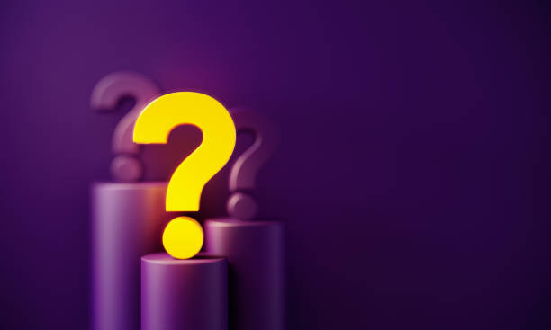 Yellow Question Mark Glowing Before Purple Background Yellow question mark glowing before purple background. Horizontal composition with copy space. Standing out from the crowd concept. frequently asked questions stock pictures, royalty-free photos & images