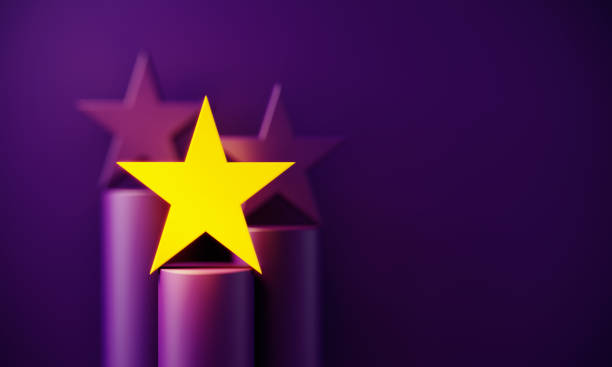 Yellow Star Symbol Glowing Before Purple Background Yellow star symbol glowing before purple background. Horizontal composition with copy space. Standing out from the crowd concept. customer feedback stock pictures, royalty-free photos & images