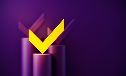 Yellow check mark glowing before purple background. Horizontal composition with copy space. Standing out from the crowd concept.