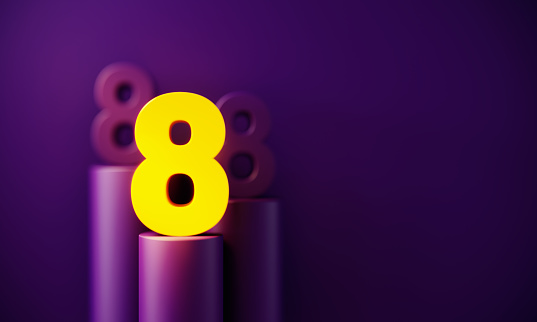 Yellow number eight glowing before purple background. Horizontal composition with copy space. Standing out from the crowd concept.