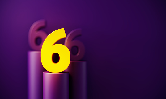 Yellow number six glowing before purple background. Horizontal composition with copy space. Standing out from the crowd concept.