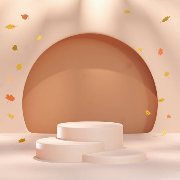 istock Autumn background with podium for visualization. Studio in a minimalist style and pastel colors for the presentation of cosmetics. 3d illustration. 1419682253