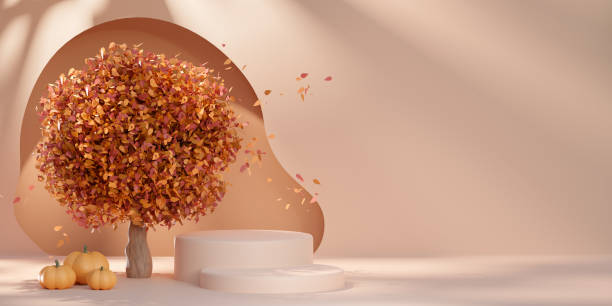 Autumn background with podium for visualization. Studio in a minimalist style for the presentation and tree with red, yellow leaves and orange pumpkins. Bright 3d fall aesthetic illustration.