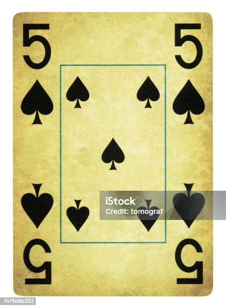 Five Of Spades Vintage Playing Card Isolated Stock Photo - Download Image Now - Archival, Australia, Black Color