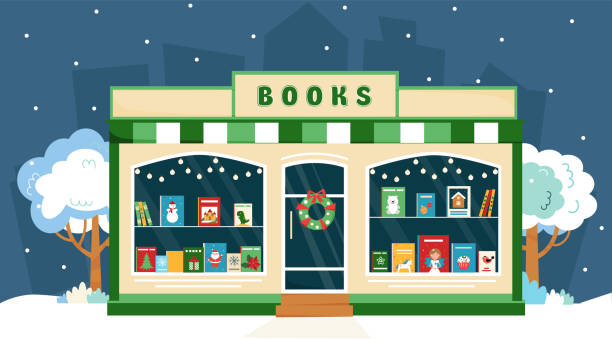 Book shop window with Christmas decoration. Christmas shop. Books on the shop window. Book shop front. Vector illustration in flat style. Book shop window with Christmas decoration. Christmas shop. Books on the shop window. Book shop front. Vector illustration in flat style. window shopping at night stock illustrations