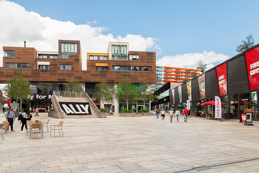 Almere, Netherlands on August 2, 2021; Modern shopping square in the center of Almere, Flevoland.