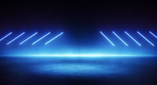 istock Neon blue room with light beams and blank spotlight stage 1419692238