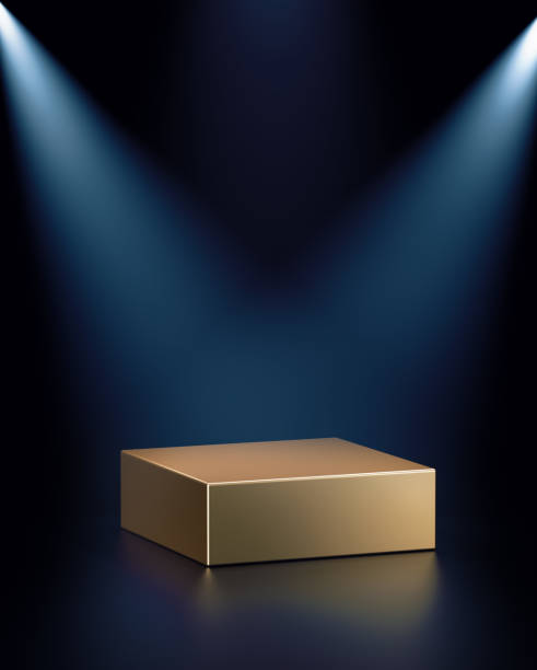 Golden square empty stand on blue background lit by spotlights. 3d computer graphic template of displaying place for your products.