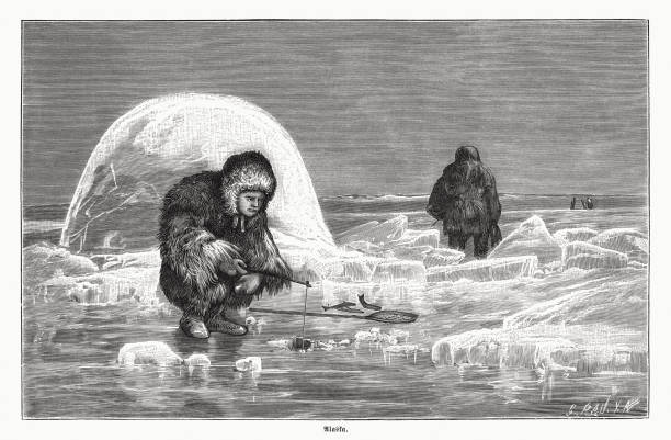 Eskimo woman in Alaska at ice fishing, woodcut, published 1885 vector art illustration