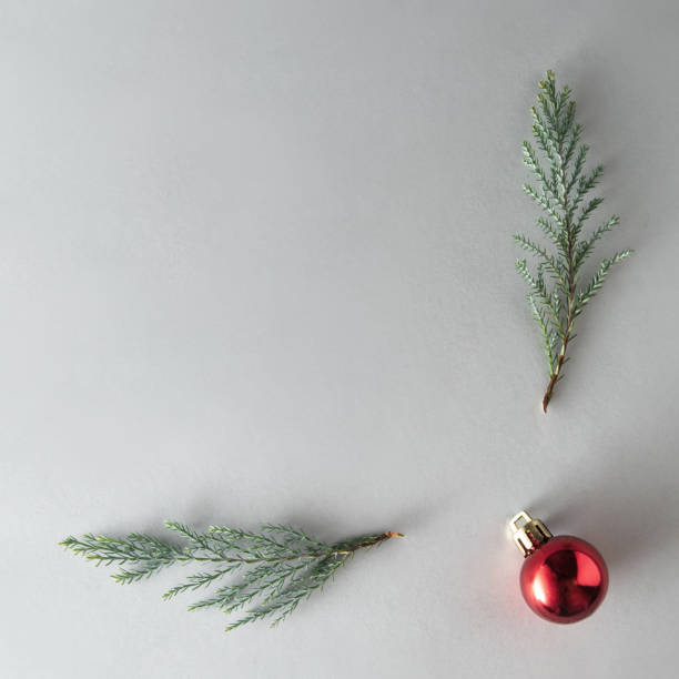 istock Red bauble and Chrismas tree branches on gray background. Winter holiday frame concept. Minimalistic Xmas decoration idea. Traditional New Year layout. Reindeer flat lay composition. 1419697006