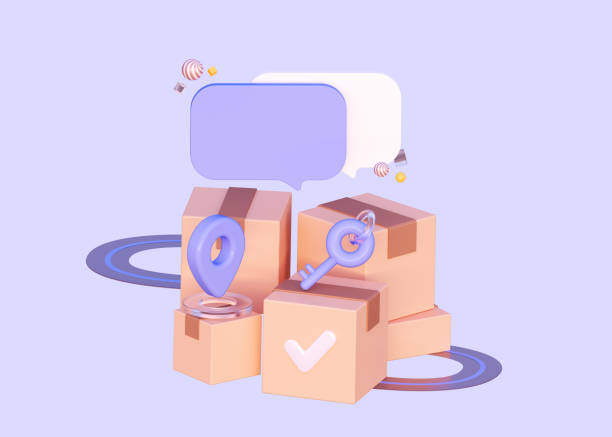 istock Notification of accepted delivery. 3D cardboard closed boxes with key and sign geolocation. Empty speech bubble for text. 3d rendering 1419697805