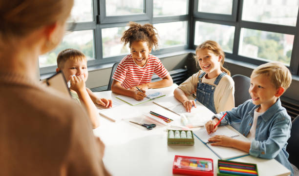 istock Teacher conducts a lesson and explains a new topic to students on lesson 1419699204