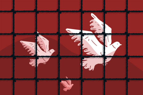 White pigeons behind bars, the concept of political prisoners, arrested oppositionists of the government, control and censorship vector art illustration