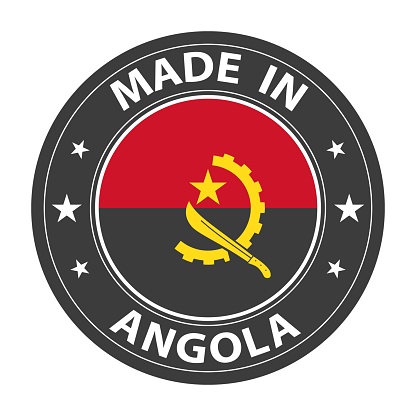Made in Angola badge vector. Sticker with stars and national flag. Sign isolated on white background.