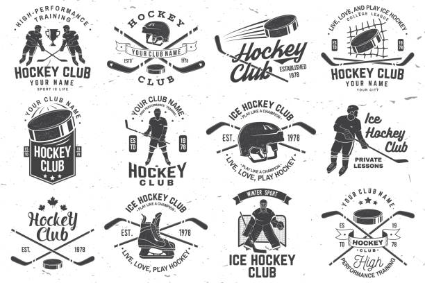 Ice Hockey club logo, badge design. Concept for shirt or logo, print, stamp or tee. Winter sport. Vintage typography design with player, sticker, puck helmet and skates silhouette. Vector. vector art illustration