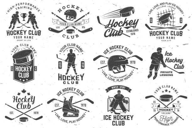 Ice Hockey club logo, badge design. Concept for shirt or logo, print, stamp or tee. Winter sport. Vintage typography design with player, sticker, puck helmet and skates silhouette. Vector. Ice Hockey club logo, badge design. Concept for shirt or logo, print, stamp or tee. Winter sport. Vintage typography design with player, sticker, puck , helmet and skates silhouette. Vector cross functional team icon stock illustrations