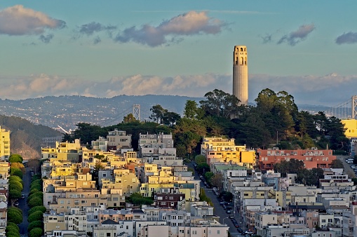 San Francisco hilly streets from Lombard street. The steep terrain throughout this beautiful California city with the Coit tower in the background.