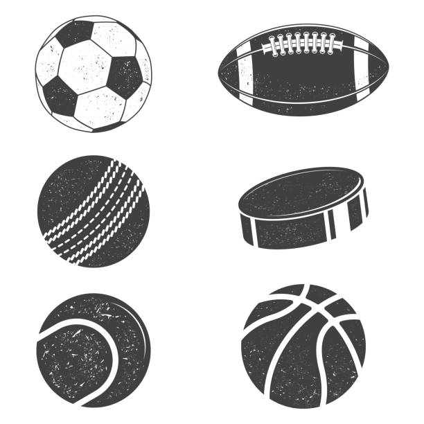 ilustrações, clipart, desenhos animados e ícones de coleção de bolas esportivas pretas e brancas em estilo retrô. silhuetas de ilustração vetorial. - tennis ball american football football