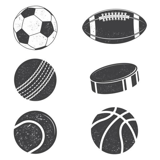 коллекция черно-белых спортивных мячей в стиле ретро. векторная иллюстрация силуэты. - tennis tennis ball sphere ball stock illustrations