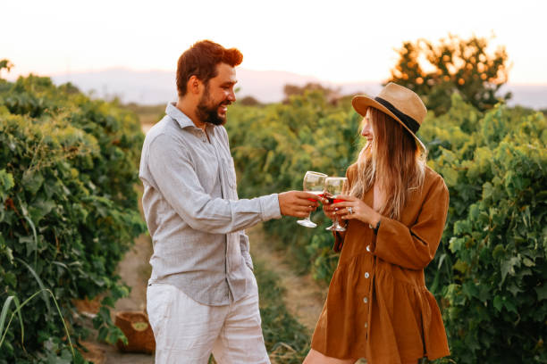 istock Couple clinking red wine glass in a Vineyard during sunset. 1419704907